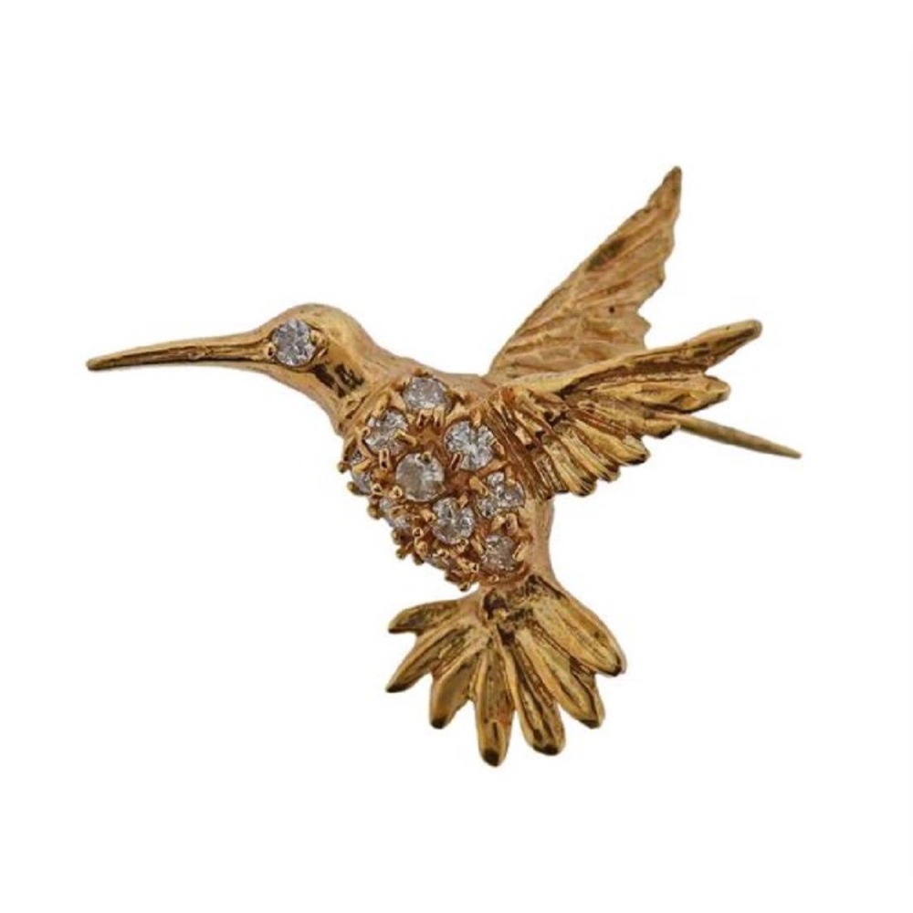 14k Gold Antique Bird Brooch Hummingbird Pin